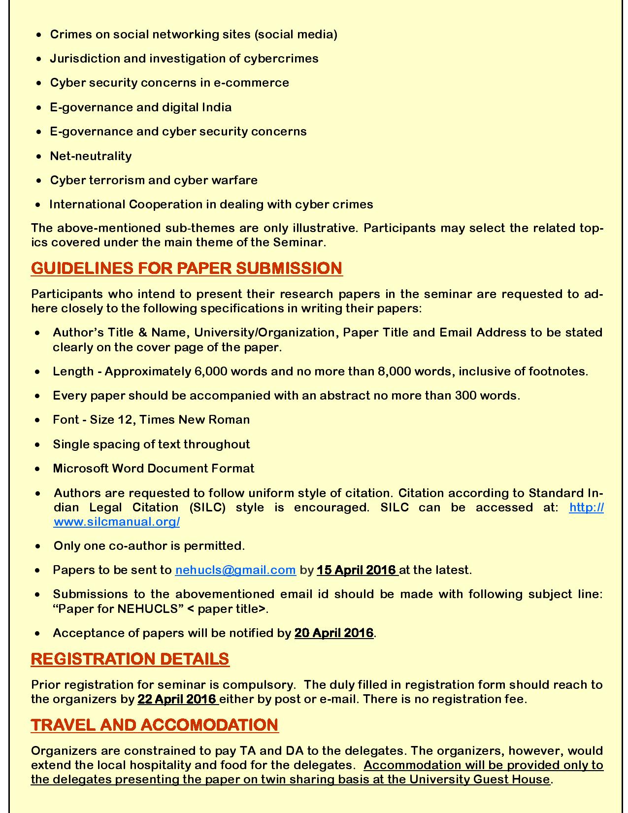 Call for Papers: North Eastern Hill University's National Seminar on E-Governance, Cyber Crimes, Security and Laws