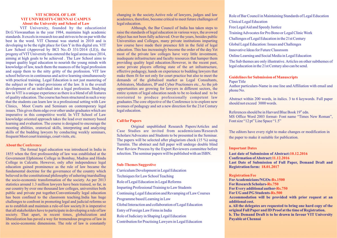 Call for Papers: VIT National Conference on Legal Education in the 21st Century: Challenges, Concerns and Reforms