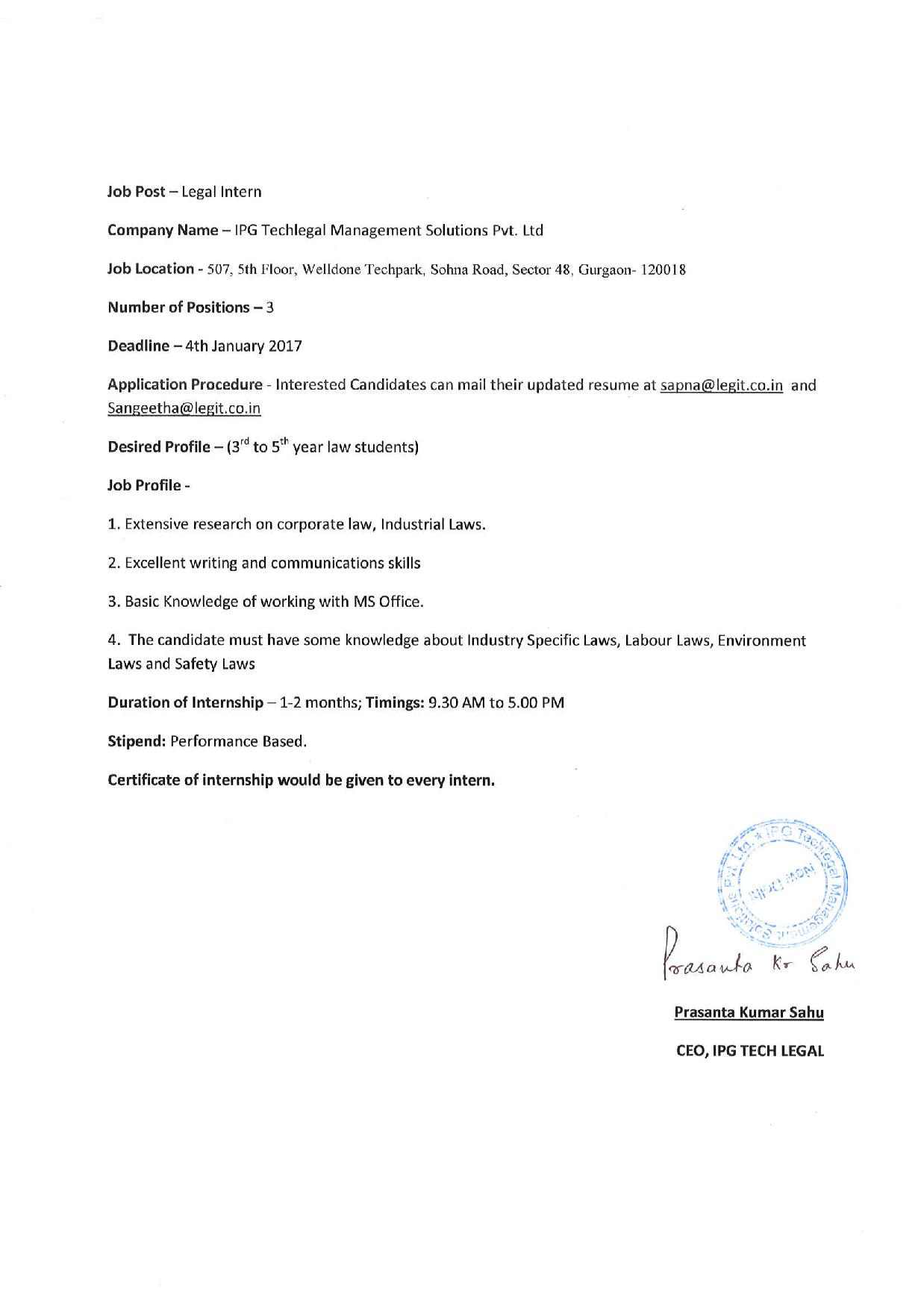 Internship IPG Techlegal, Gurgaon