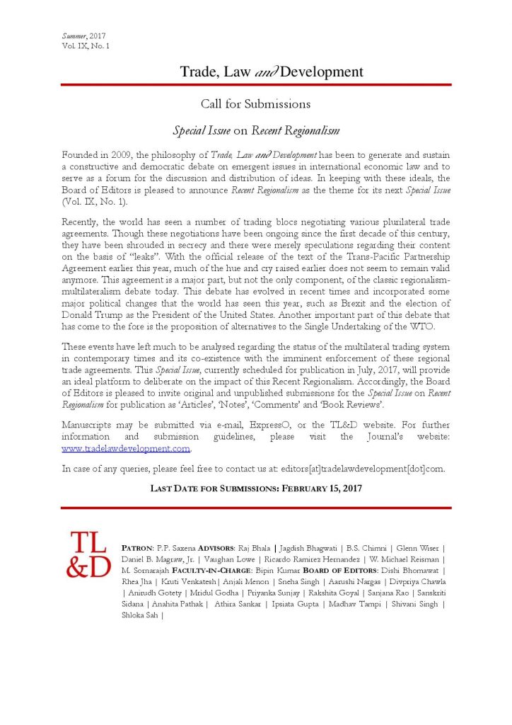 Call for Papers: Trade, Law and Development: Special Issue on Recent Regionalism