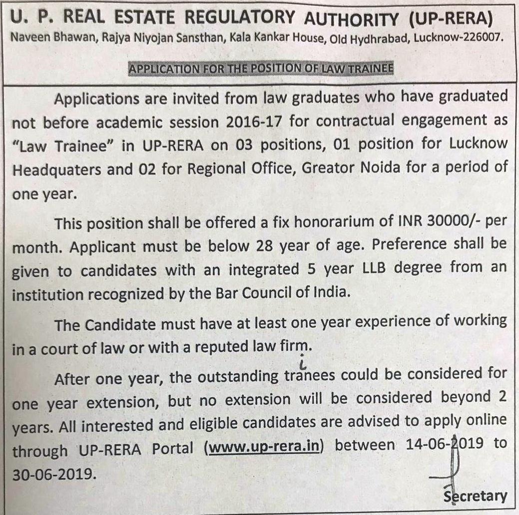 UP RERA Law Trainee