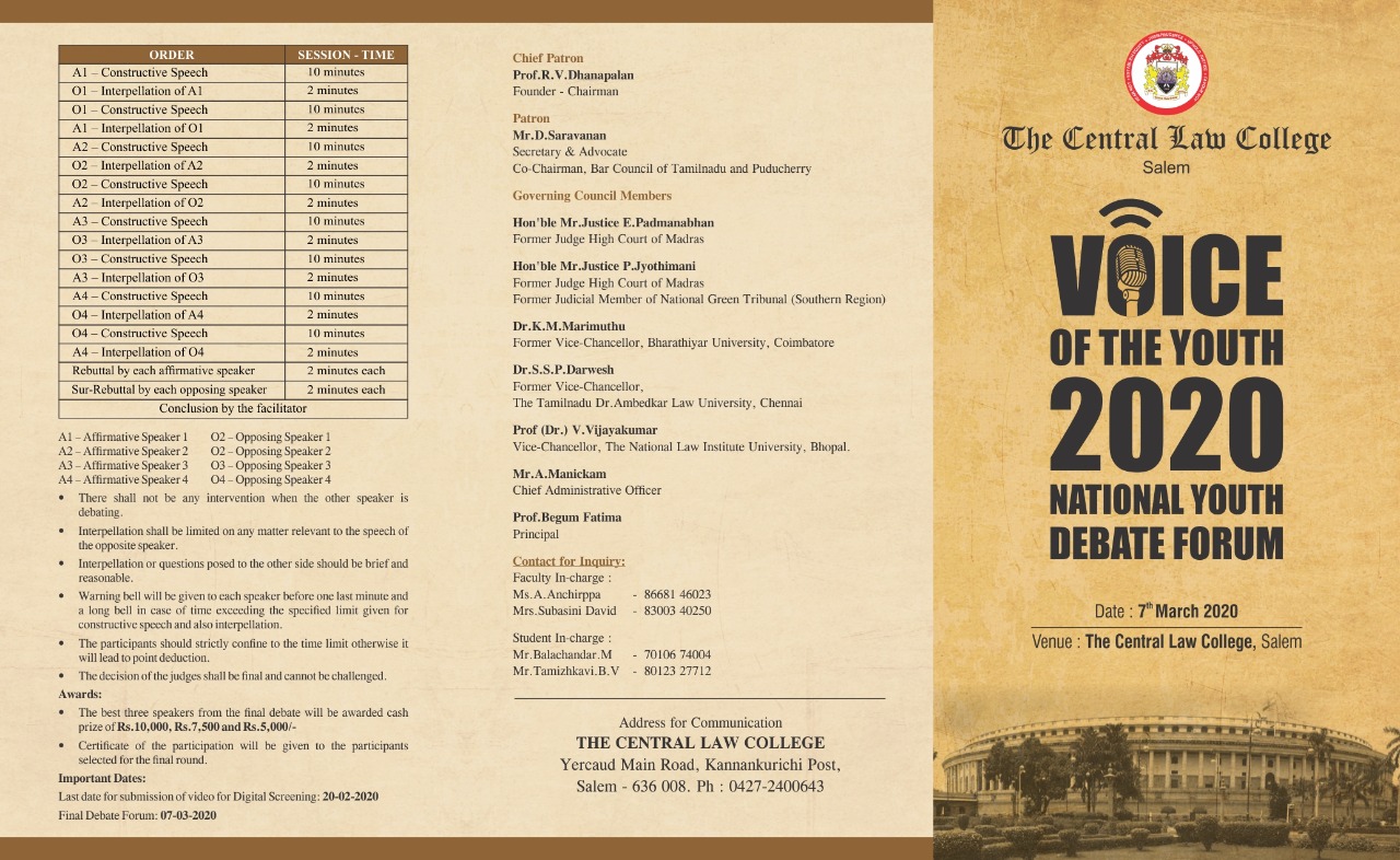 National Debate Youth Forum: Voice of the Youth 2020 at Central Law College, Salem 