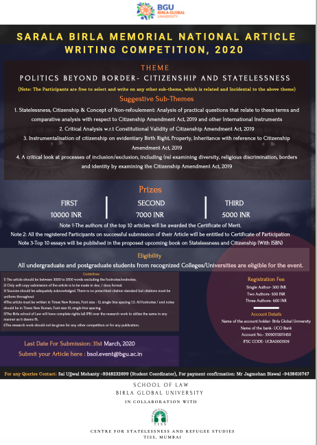 1st National Article Writing Competition on Statelessness and Citizenship by Birla School of Law