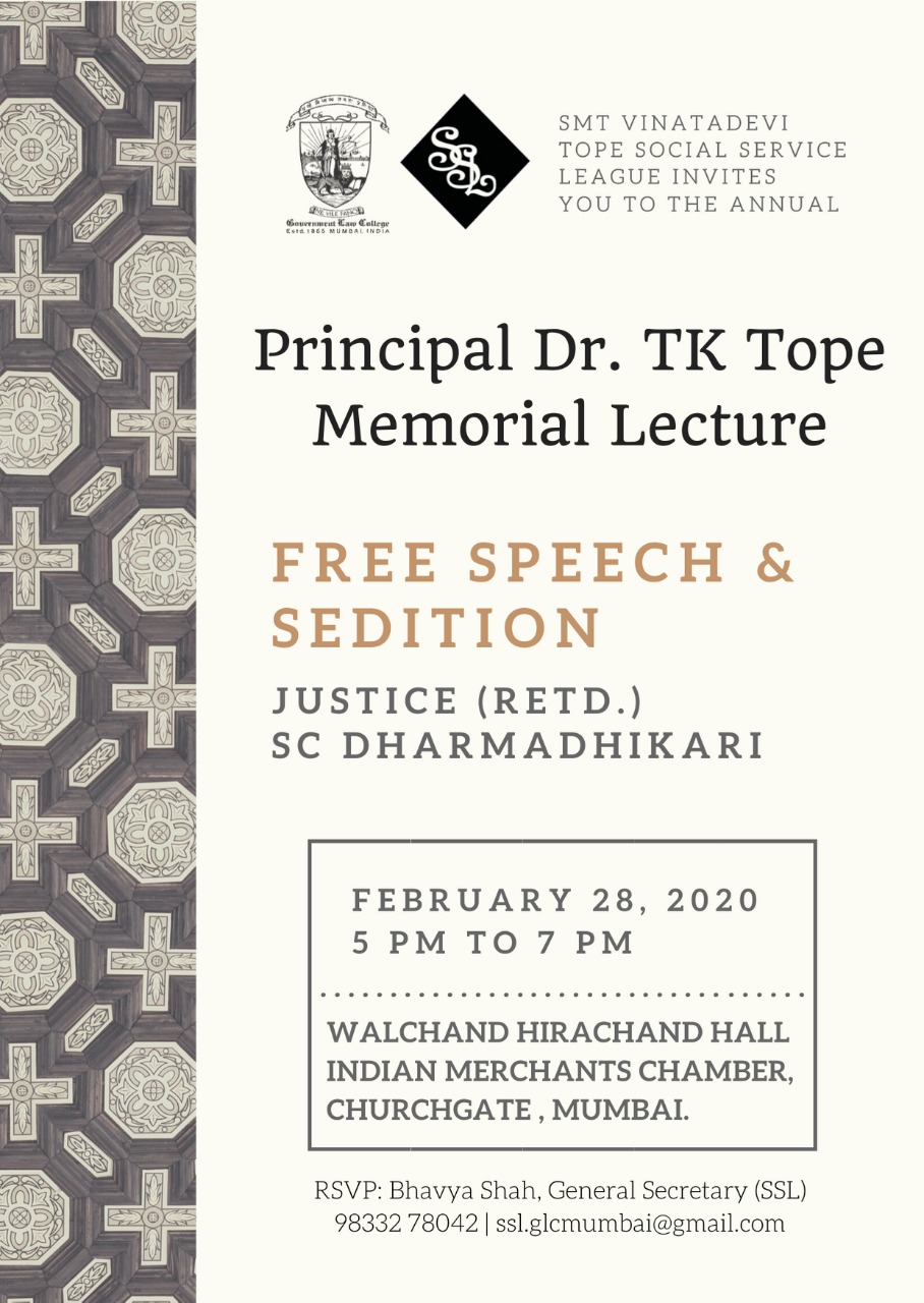 Principal Dr. T. K. Tope Memorial Lecture at Government Law College, Mumbai